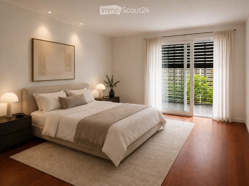 Modern bedroom with a large bed, nightstands, lamps, a vase with plants, and a large window with sheer curtains leading to a balcony.