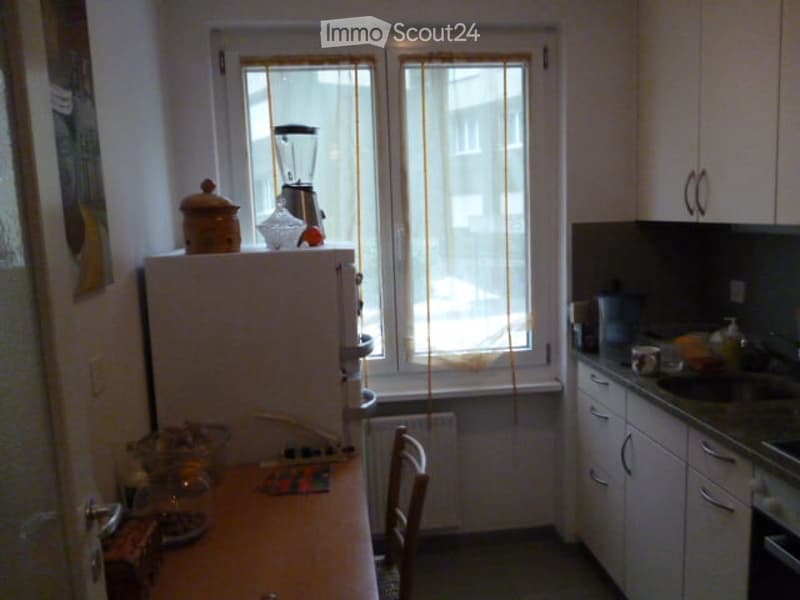 kitchen: window, refrigerator, table, chairs, oven, window curtain, shelves, wall mounted radiator