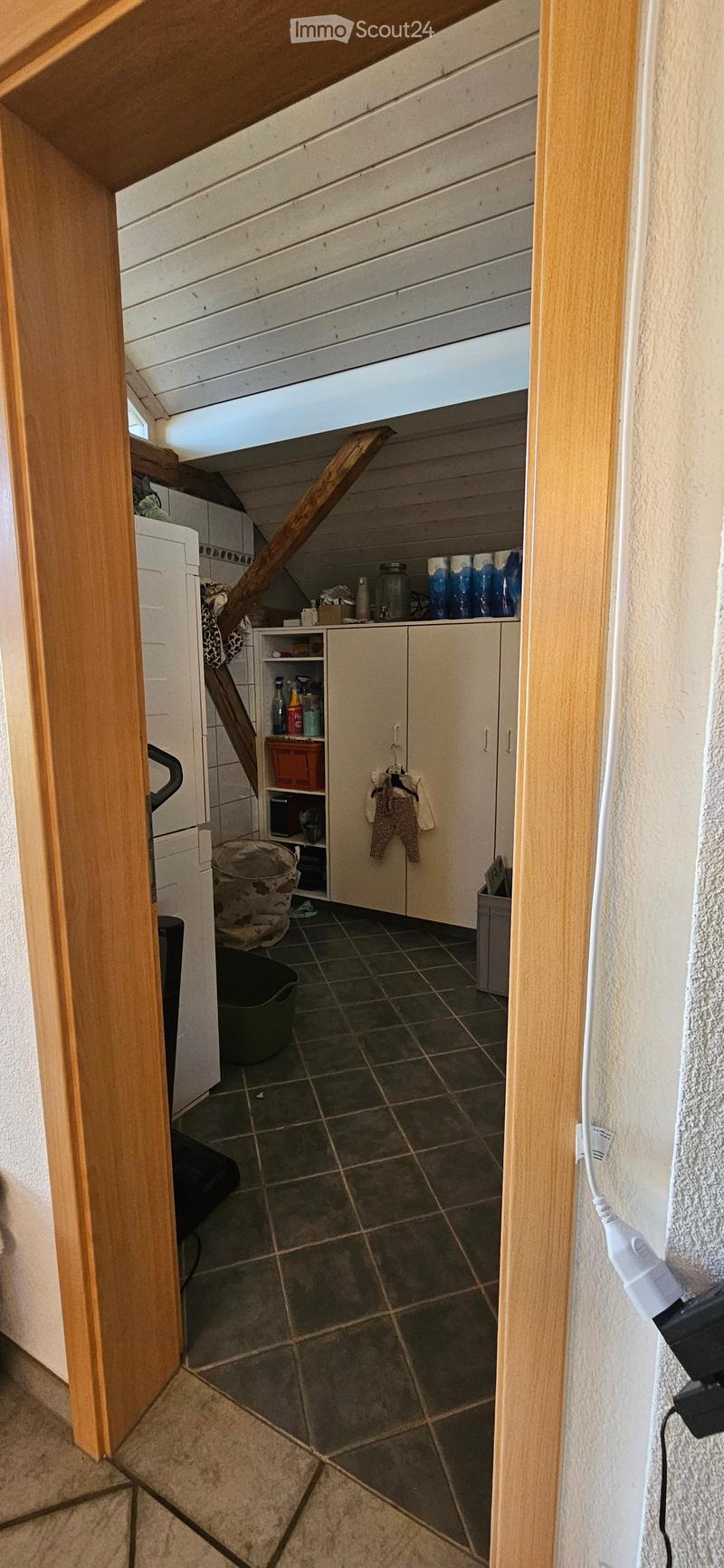 Laundry room with tiled floor, washing machine, cabinet, shelf with bottles, and trash bins.