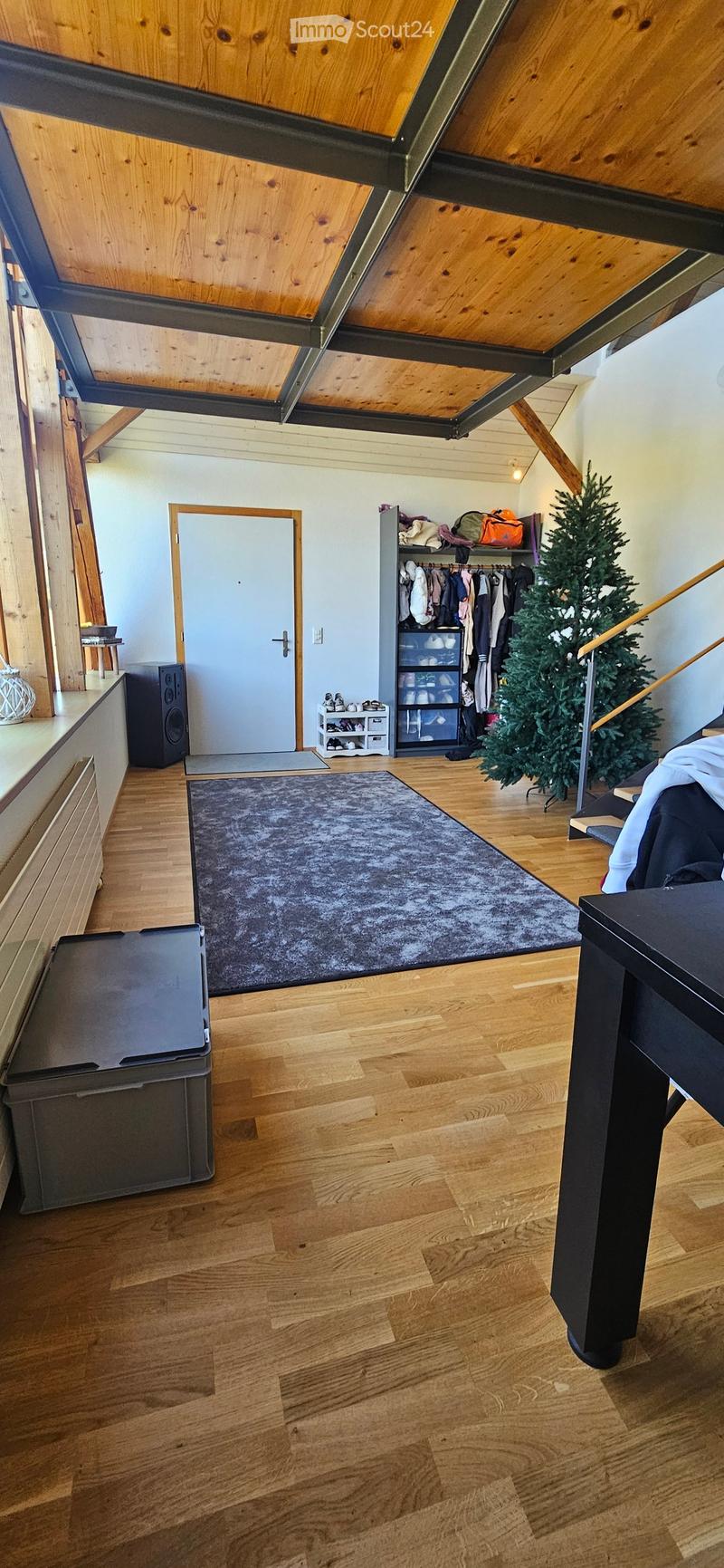 A spacious, well-lit room with wooden flooring, a large grey rug, a black speaker, a wardrobe, a shoe rack, a Christmas tree, and a small table with a chair.