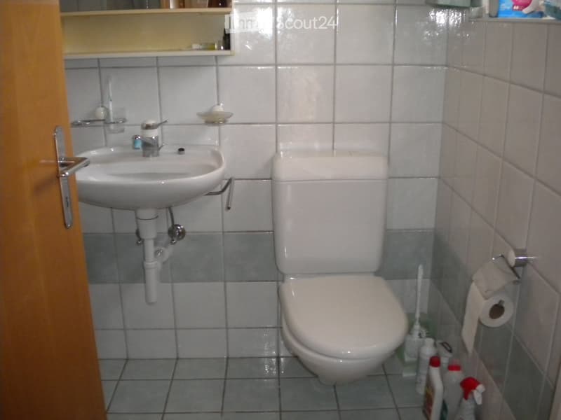 A small bathroom with a white sink, faucet, toilet, and tiled walls. Cleaning supplies and a toilet brush are visible near the toilet.