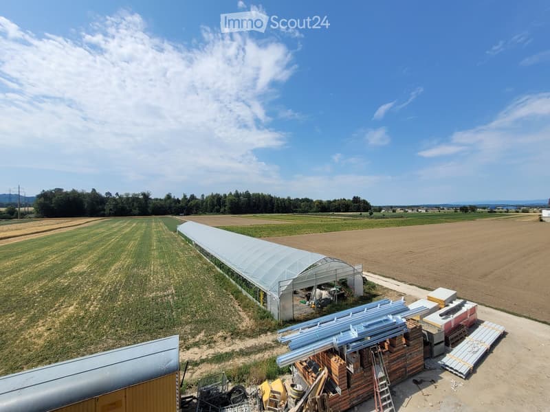 Aerial view of a large greenhouse structure in a rural field, surrounded by agricultural land and trees. Materials and construction supplies are stacked nearby.