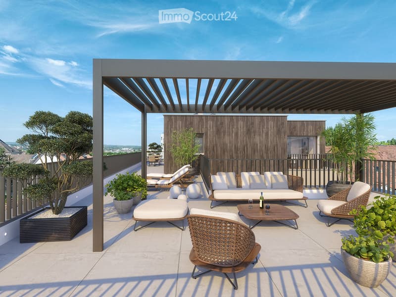 Modern rooftop terrace with a pergola, white outdoor furniture including a sofa, chairs, and a coffee table, surrounded by potted plants and a scenic city view.
