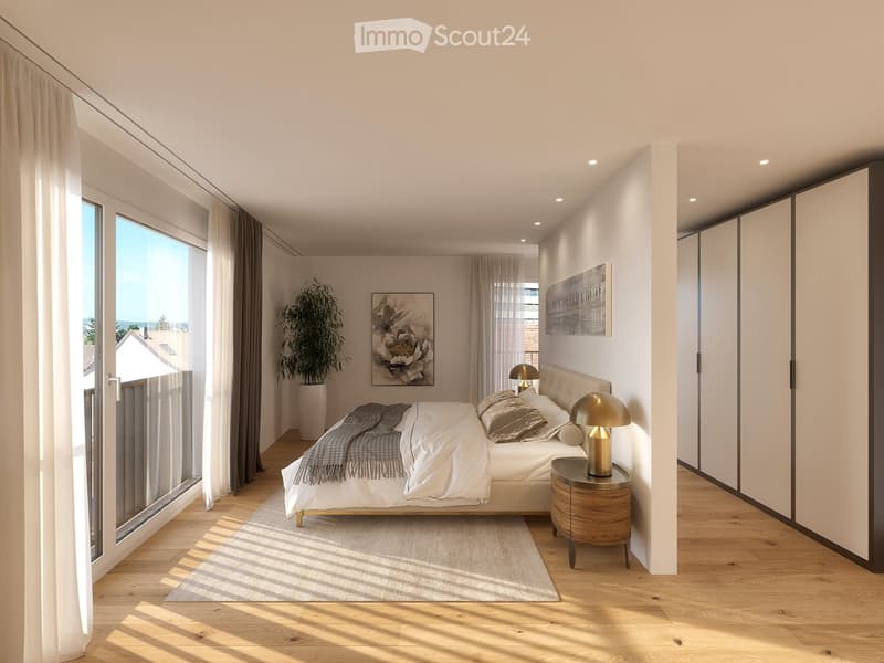 Modern bedroom with a large bed, nightstand, lamp, plant, and artwork on the wall. The room features wooden flooring, large windows with curtains, and a view of the city.