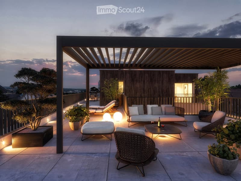 Modern rooftop terrace with a pergola, lounge seating, coffee table, and potted plants.