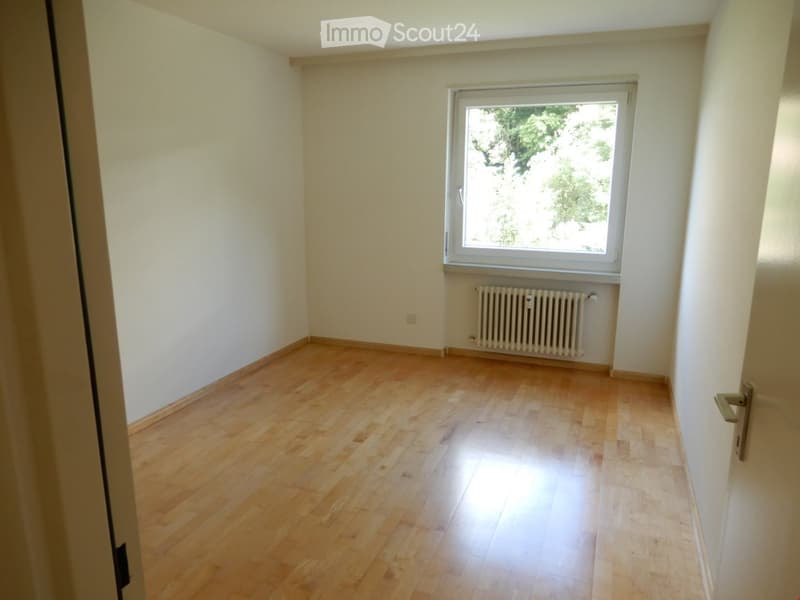 Empty room with light wooden flooring, white walls, a window with white frame, and a radiator below the window.