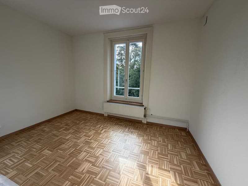 Empty room with wooden herringbone flooring, white walls, and a large window with a radiator below it.