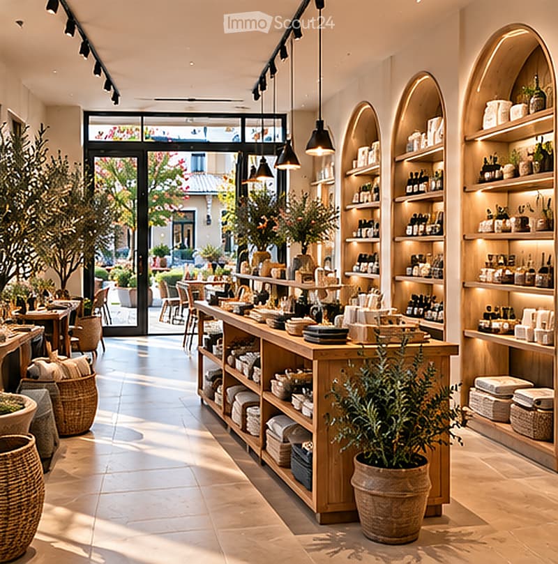Bright, airy interior with wooden shelves displaying various items, including bottles, cups, and potted plants. A large wooden counter with additional items and a seating area with tables and chairs are visible. The space is well-lit with hanging pendant