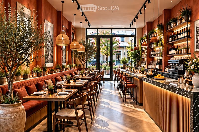 Modern restaurant interior with warm lighting, wooden tables, plush seating, and a well-stocked bar area.
