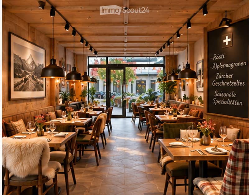 Cozy restaurant interior with wooden tables, chairs, and pendant lights. Menu board lists various dishes, and large windows offer a view of the street outside.