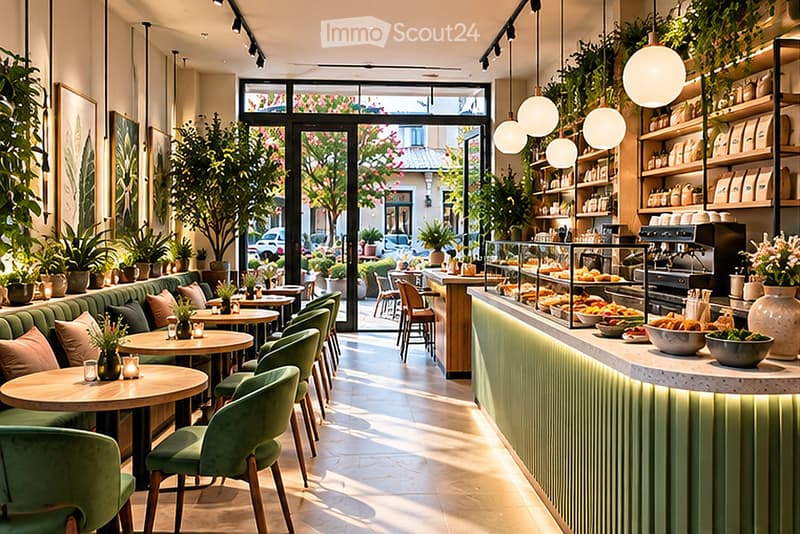 Modern restaurant interior with large windows, green sofas, round tables, wooden chairs, and a counter displaying food items.