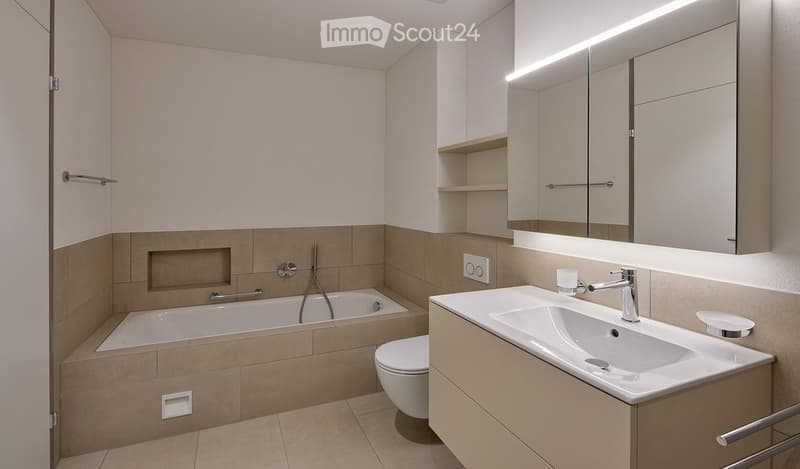 Modern bathroom with a bathtub, toilet, sink, large mirror, and built-in cabinetry.
