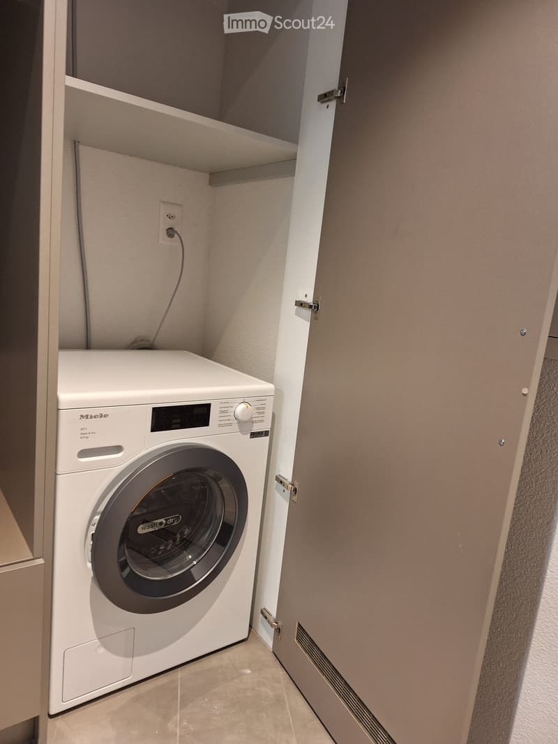 {"visible_features": ["Private washing machine"], "type": "Laundry room", "description": "White Miele washing machine, white door, tiled floor, white wall"}