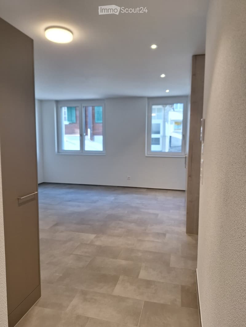 {"visible_features": [], "type": "Room", "description": "Empty room, beige tiles, recessed ceiling lights, white walls, two windows with green shutters."}