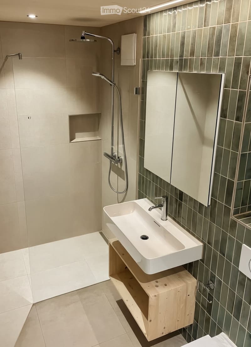 Modern bathroom with a white sink, sleek faucet, shower area with multiple showerheads, and a wooden cabinet under the sink.