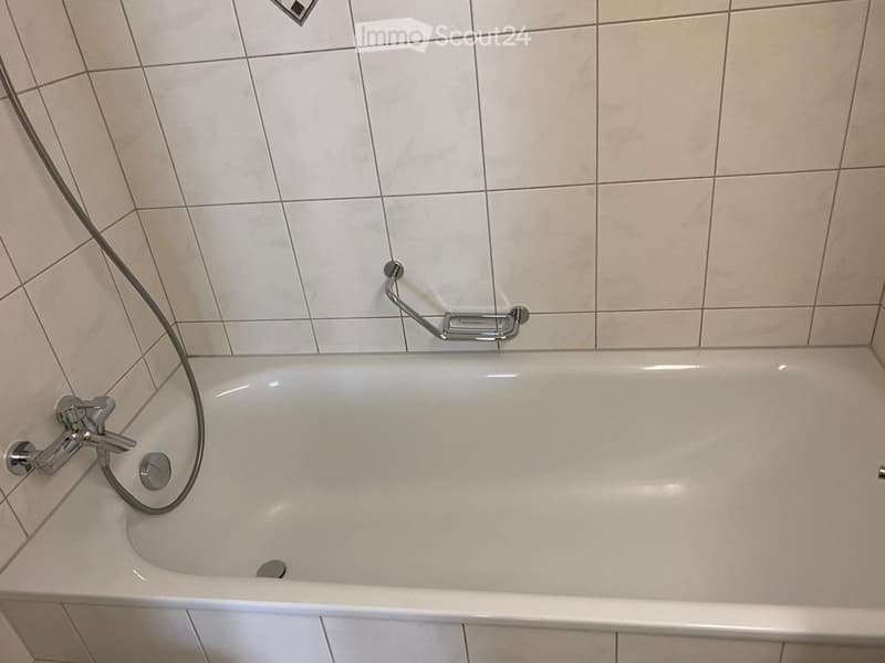 Bathtub with a modern chrome faucet and handheld shower hose, accompanied by a handrail for safety.