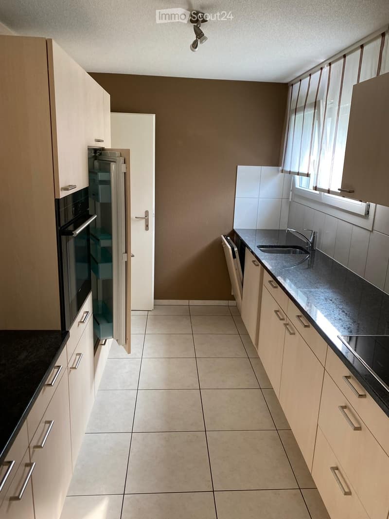 Modern kitchen with light wood cabinets, black countertops, and stainless steel appliances including a refrigerator, oven, sink, and dishwasher.
