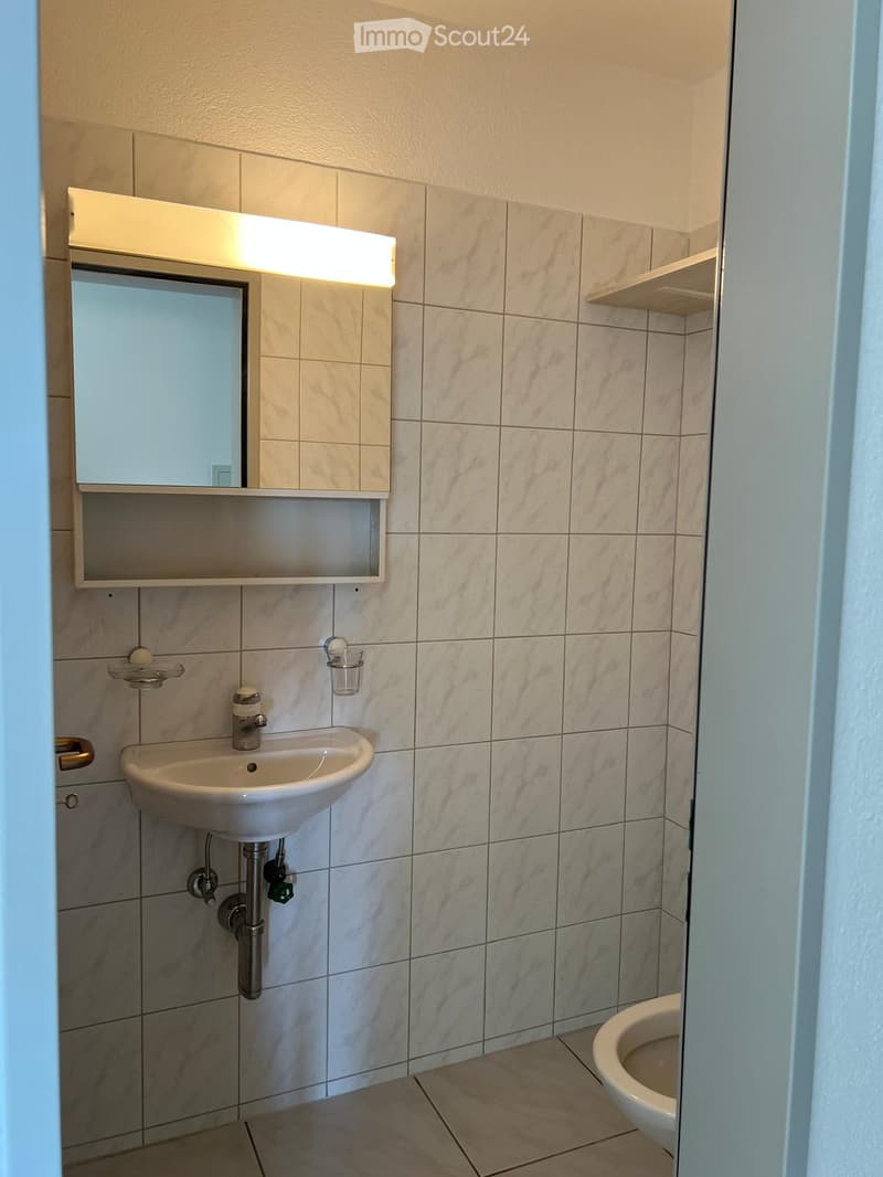 Modern bathroom with marble tiles, a white sink, a mirror with built-in storage, and a toilet. The room features a sleek design with a built-in shelf and a small cup on the wall.