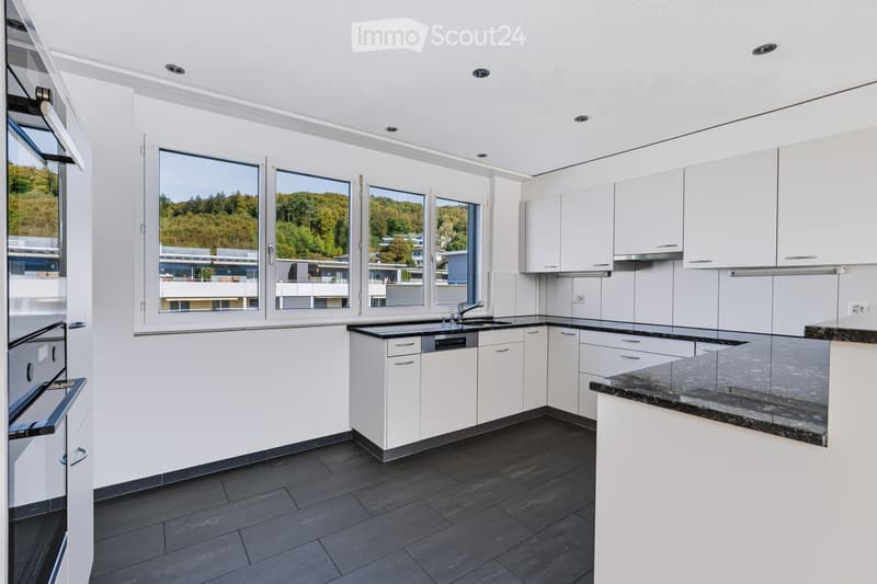 Modern kitchen with white cabinets, black countertops, and a dark tiled floor. Features a sink with a faucet and a dishwasher.