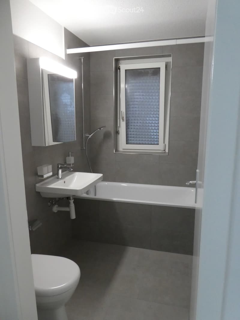 Modern bathroom with grey tiles, a white sink, a toilet, a bathtub, a mirror cabinet, and a window with blinds.