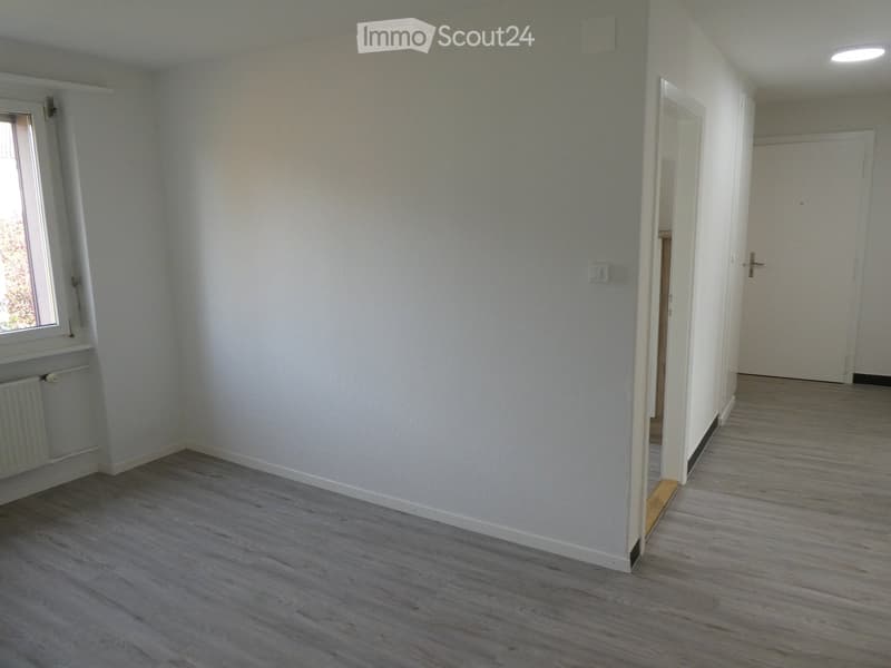 Empty room with light grey walls, wooden flooring, and a window on the left side. There is a radiator below the window and a doorway leading to another room.