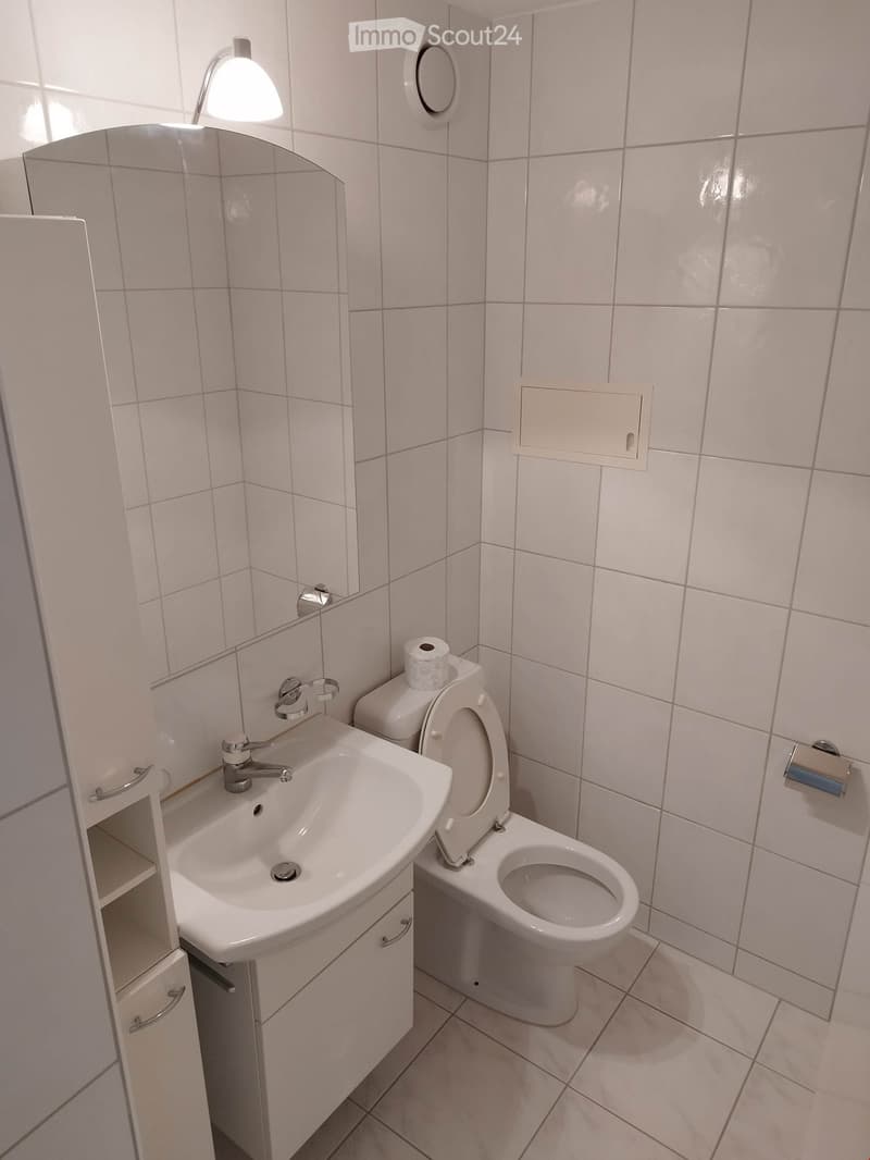 Modern bathroom with white tiles, a sink with a faucet, a toilet, a cabinet, and a mirror above the sink.