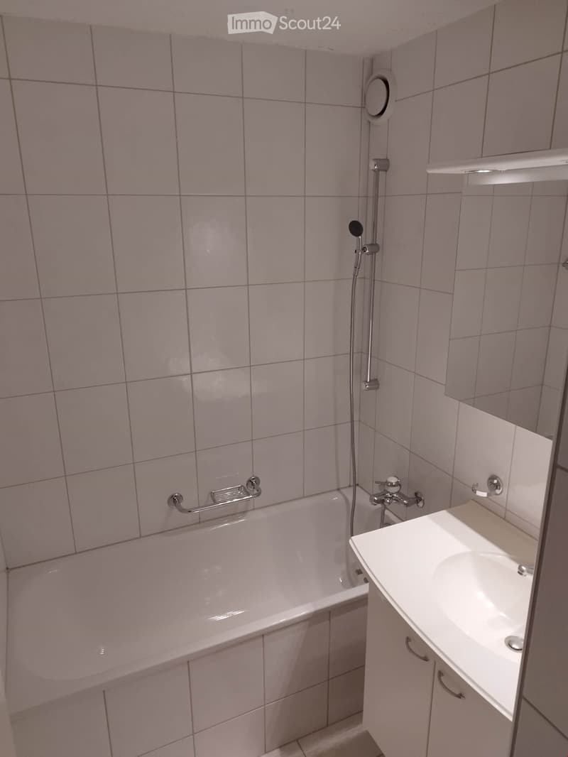 Bathroom with a bathtub, sink, faucet, handrail, and mirror. The walls are tiled in light gray.