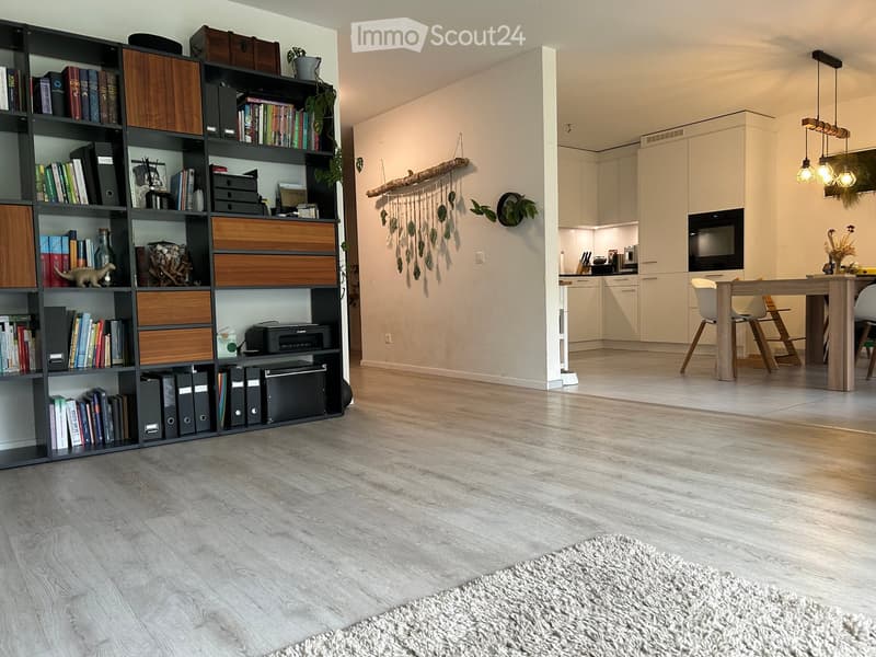 Open-plan living and dining area with a large bookshelf, dining table with chairs, kitchen area with cabinets and appliances, pendant lights, and a rug on the floor.