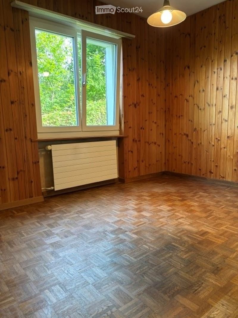 Empty room with wooden walls and floor, large windows, radiator, and a single hanging light fixture.