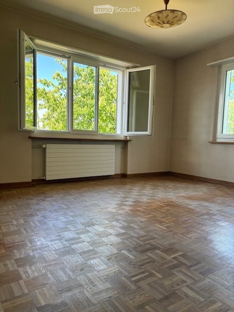 Empty room with wooden parquet flooring, large windows with white frames, radiator under the windows, and a ceiling light fixture.