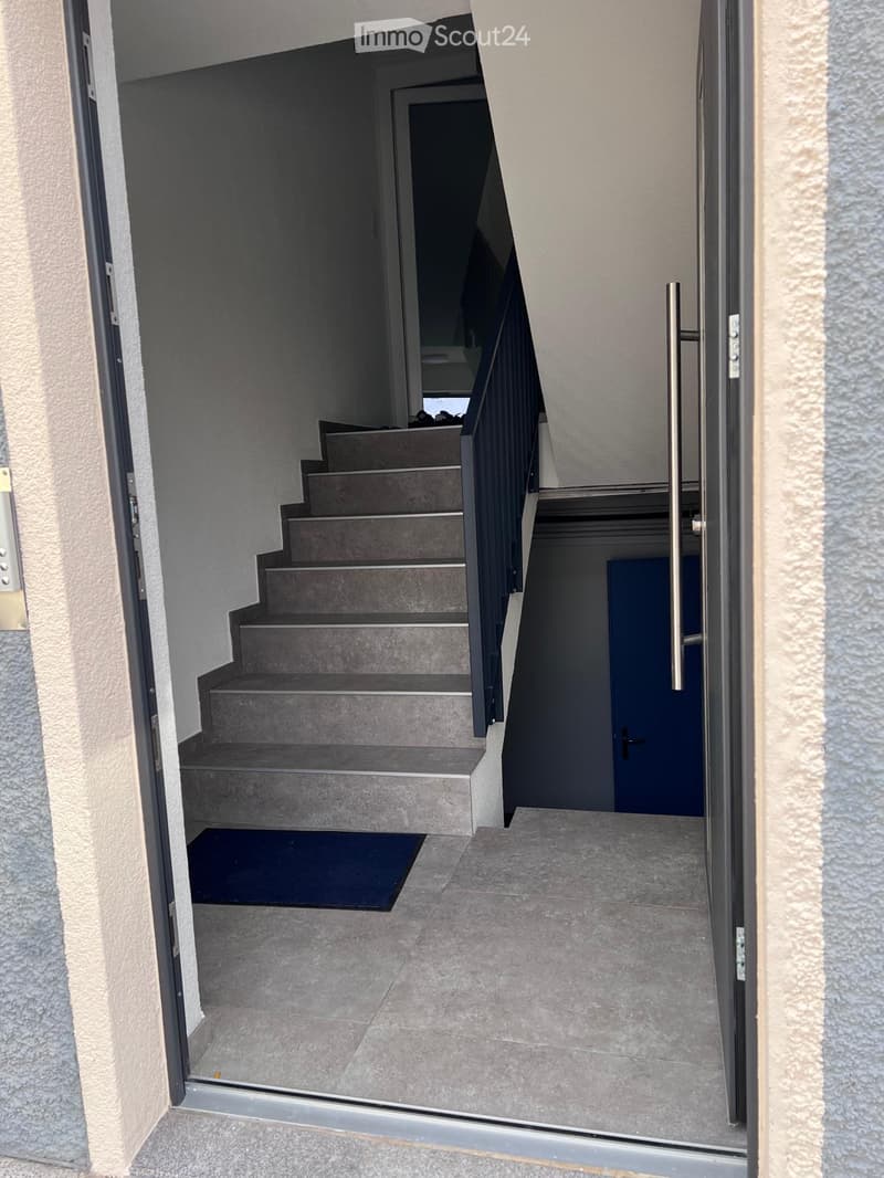 Entrance area with tiled floor, open doorway leading to a staircase with grey steps and a black railing, adjacent blue door.
