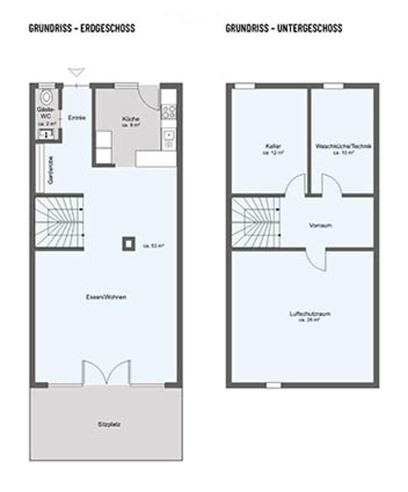 Floor plan of a two-story apartment with living room, kitchen, bedroom, bathroom, and storage areas on both levels.
