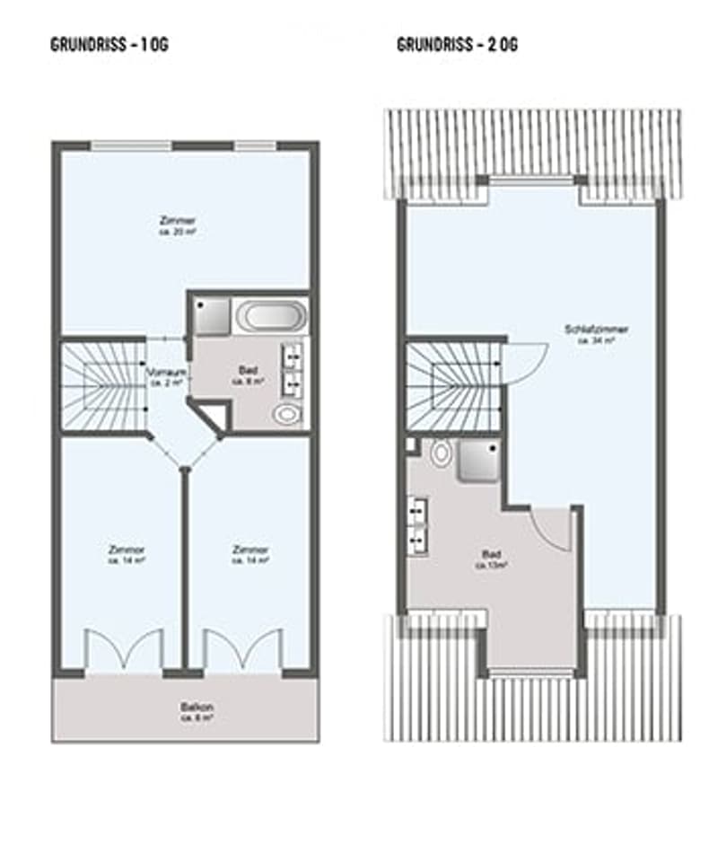 Floor plan of two apartments: one with a living room, bedroom, and balcony; the other with a living room, bedroom, and separate bathroom.
