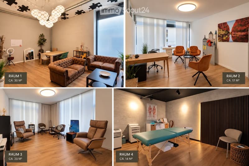 Four furnished rooms: RAUM 1 (30 m²) with a brown sofa, coffee table, dining table, chairs, and a mirror; RAUM 2 (17 m²) with a desk, office chair, and two armchairs; RAUM 3 (20 m²) with multiple leather chairs and a small table; RAUM 4 (14 m²) with a mas