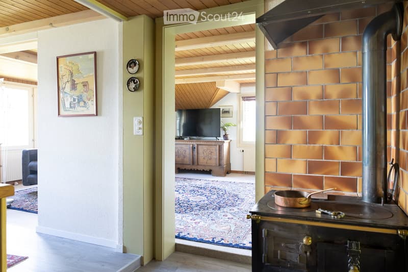 A cozy living room with a fireplace, a sofa, a television on a wooden cabinet, a potted plant, and a copper pan on a stove. The room features wooden beams on the ceiling and a colorful rug.