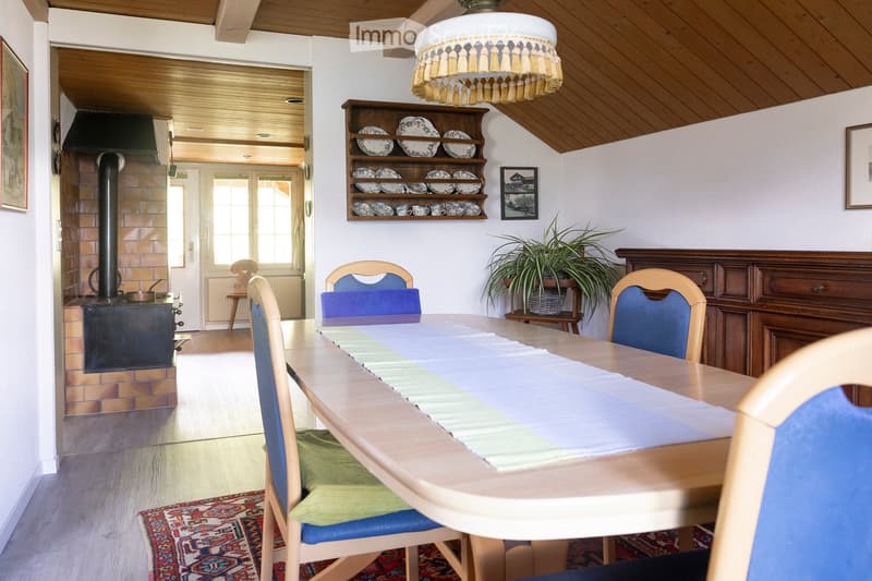 Dining room with a wooden dining table, blue chairs, a decorative runner, a wooden cupboard with plates, a fireplace, and a potted plant.