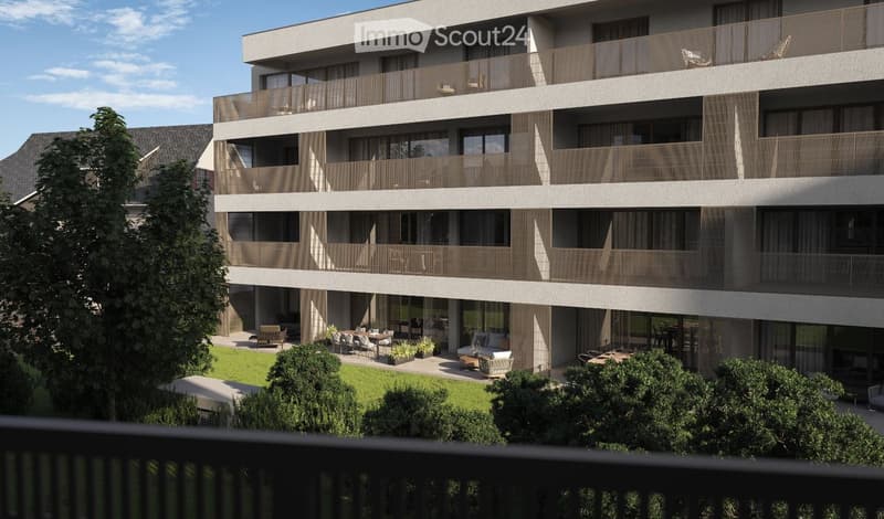 Modern multi-story residential building with balconies, large windows, and outdoor seating areas.