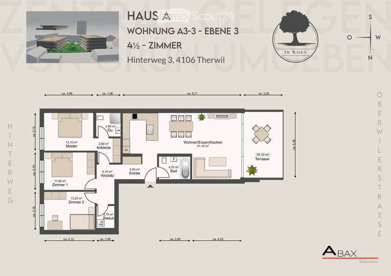 Floor plan of a 4.5-room apartment on the third level, including a master bedroom, living/dining/kitchen area, two additional bedrooms, a bathroom, a hallway, and a terrace.