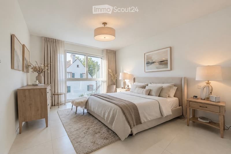 Modern bedroom with a large bed, nightstands, lamps, a chair, a small stool, a vase with dried flowers, and artwork on the walls.