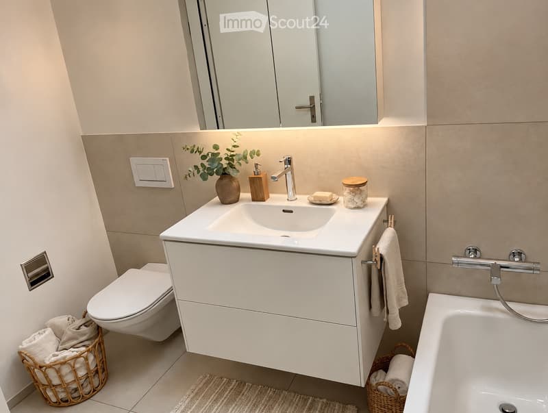 Modern bathroom with a white sink, chrome faucet, toilet, bathtub, and a large mirror above the sink. The countertop holds a soap dispenser, soap dish, and a small plant. Wicker baskets with towels are placed on the floor near the bathtub and toilet.