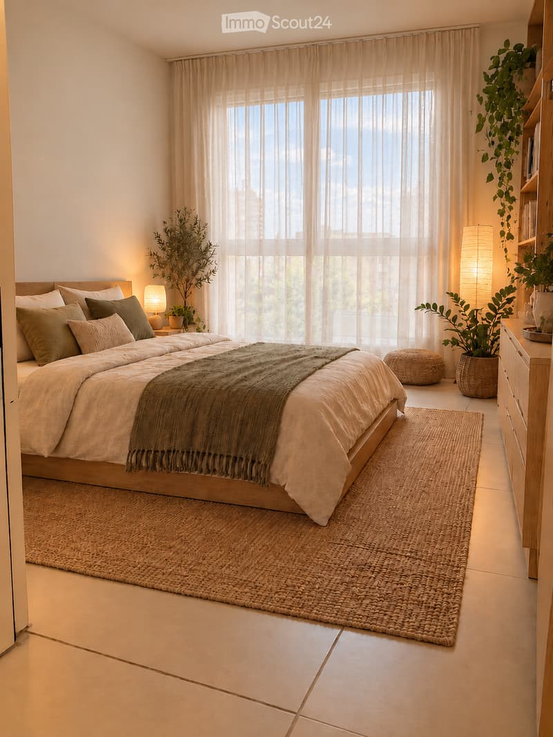 Modern bedroom with a large bed, nightstand, lamp, potted plants, and a large window with sheer curtains.
