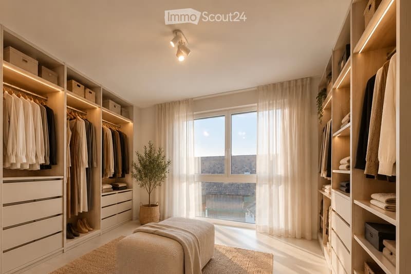 Modern, well-lit bedroom with built-in wardrobes, a bench, and a view through large windows.