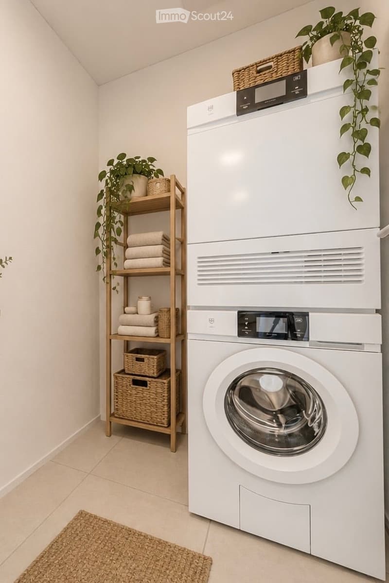 Modern bathroom with a white washing machine and dryer unit, wooden shelf with towels and baskets, potted plants, and a small rug on the floor.