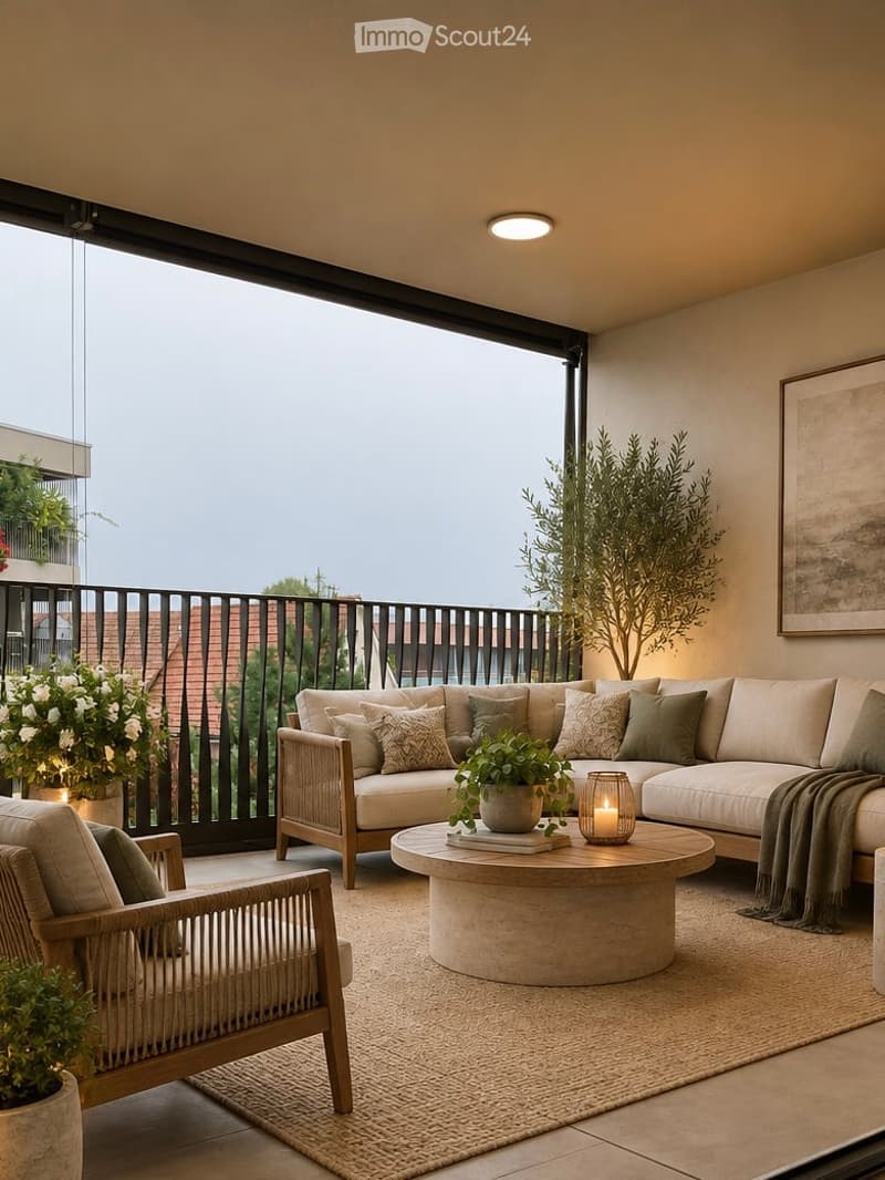 Modern balcony with a large sectional sofa, coffee table, armchair, and decorative plants, offering a view of the cityscape.