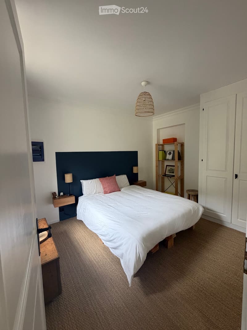 Cozy bedroom with a large bed, white bedding, pink throw pillows, nightstands with lamps, a wooden shelf with books and decor, and a hanging woven light fixture.