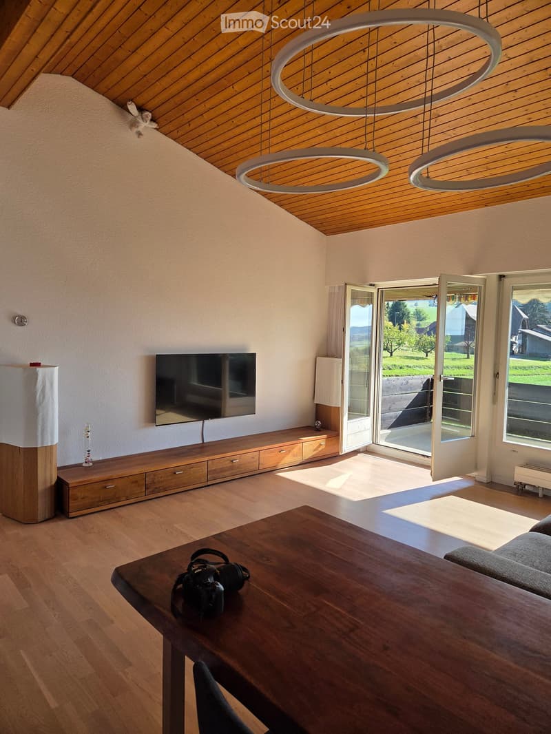 Modern living room with wooden flooring, large sliding glass doors leading to a patio, a wooden coffee table with a camera on it, a grey sofa, a wooden TV cabinet, and a flat-screen TV mounted on the wall.