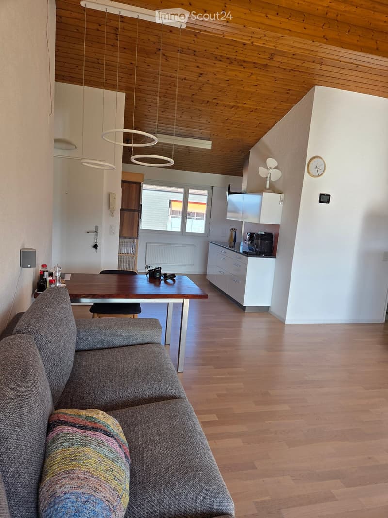 Open-plan living and dining area with wooden flooring, a grey sofa with a colorful throw, a wooden dining table with chairs, and a small kitchen area with white cabinets and a coffee maker.