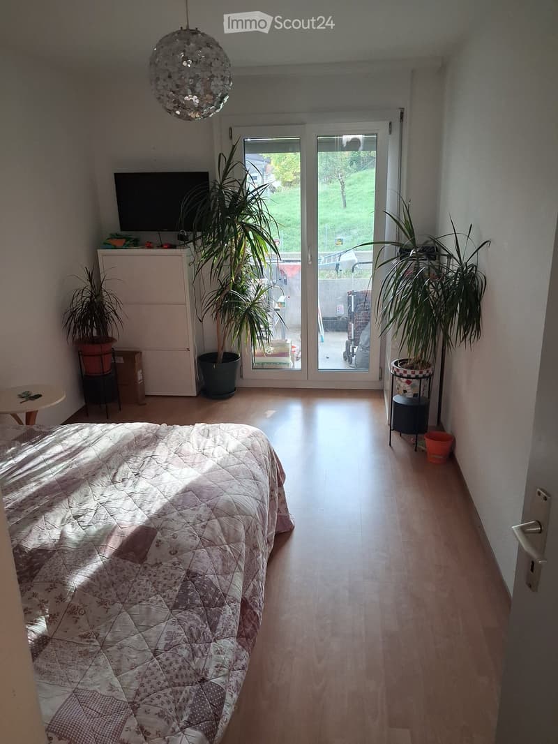 Bright bedroom with wooden flooring, a neatly made bed, a television on a cabinet, and potted plants near the sliding glass doors leading to a balcony.