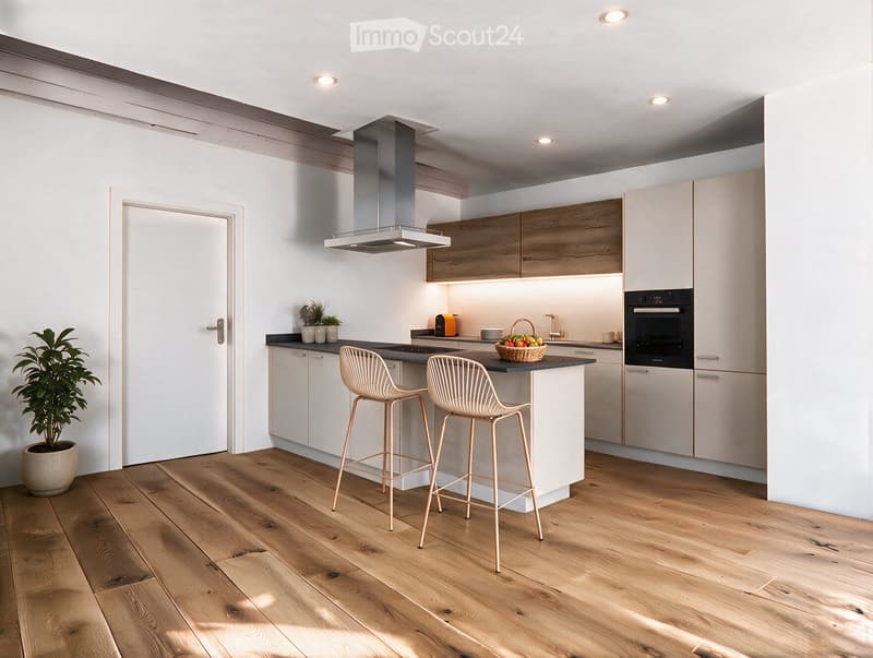 Modern kitchen with light wood cabinets, white walls, and a central island with bar stools. Features include a built-in oven, a range hood, and a potted plant near the door.