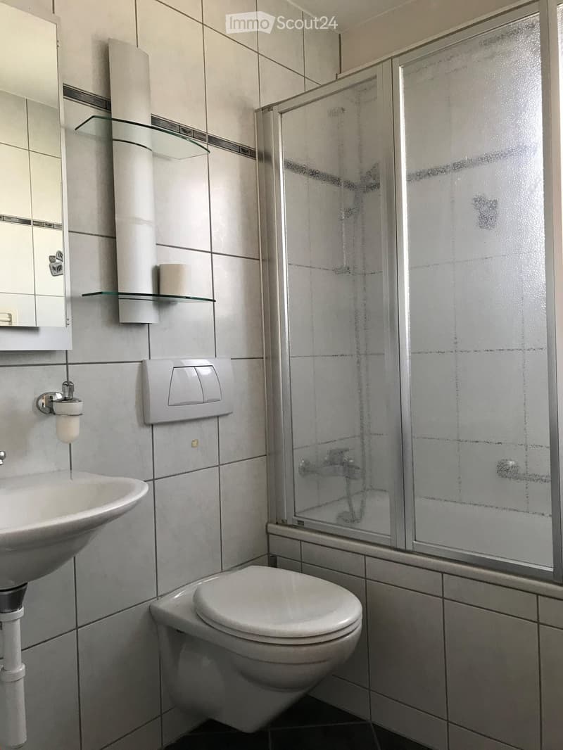Modern bathroom with white tiles, a toilet, a sink, a mirror, a glass shelf, and a shower enclosure with a frosted glass door.